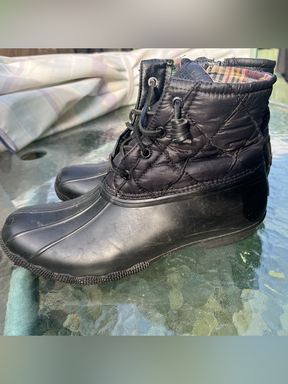 Sperry Syren Gulf/Saltwater Quilted Nylon Women’s 9.5 Black Duck Boots Plaid